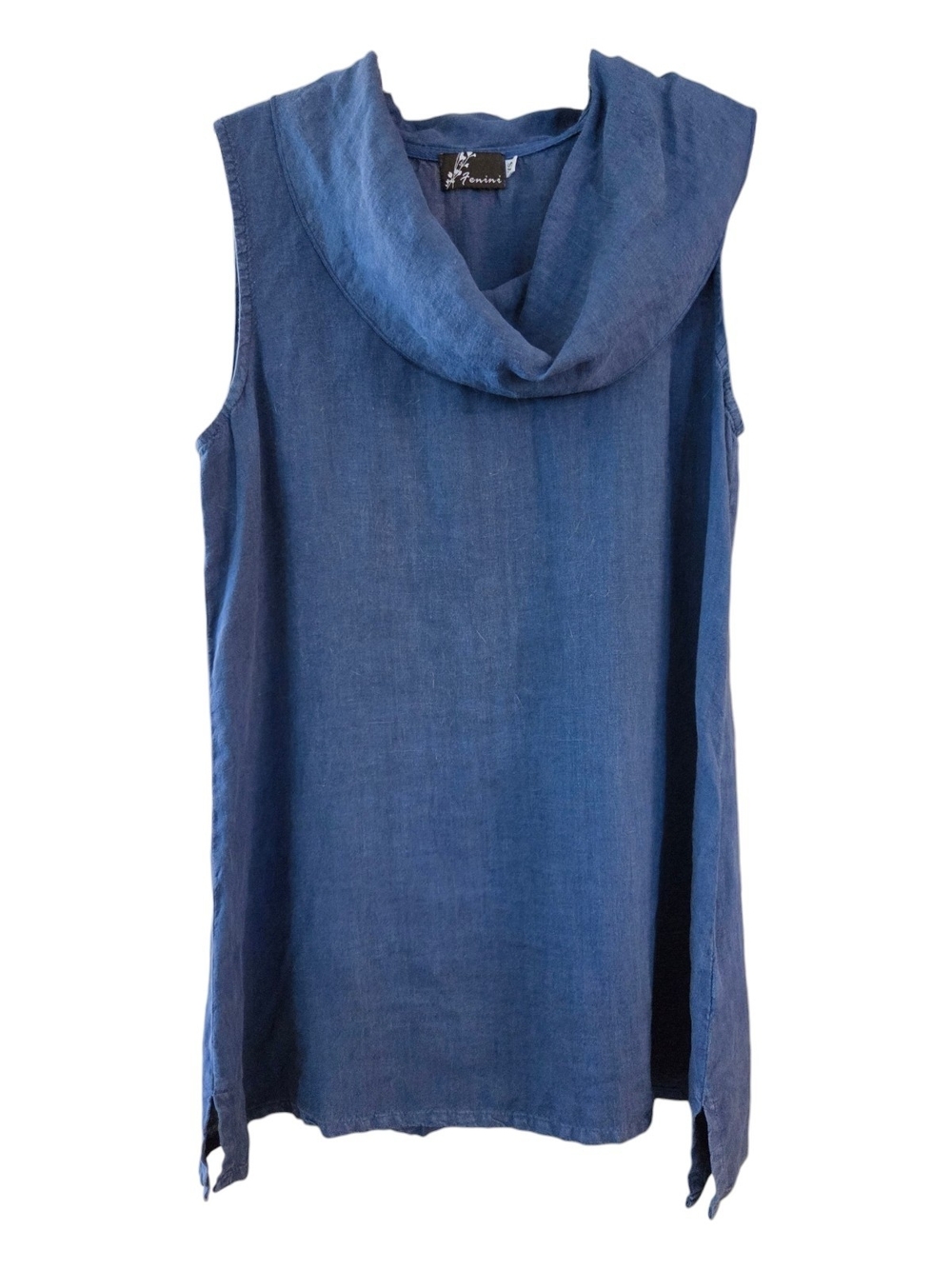 Vintage Fenini Blue Sleeveless Draping A-Line Cowl Neck 100% Linen Tunic - Sz XS